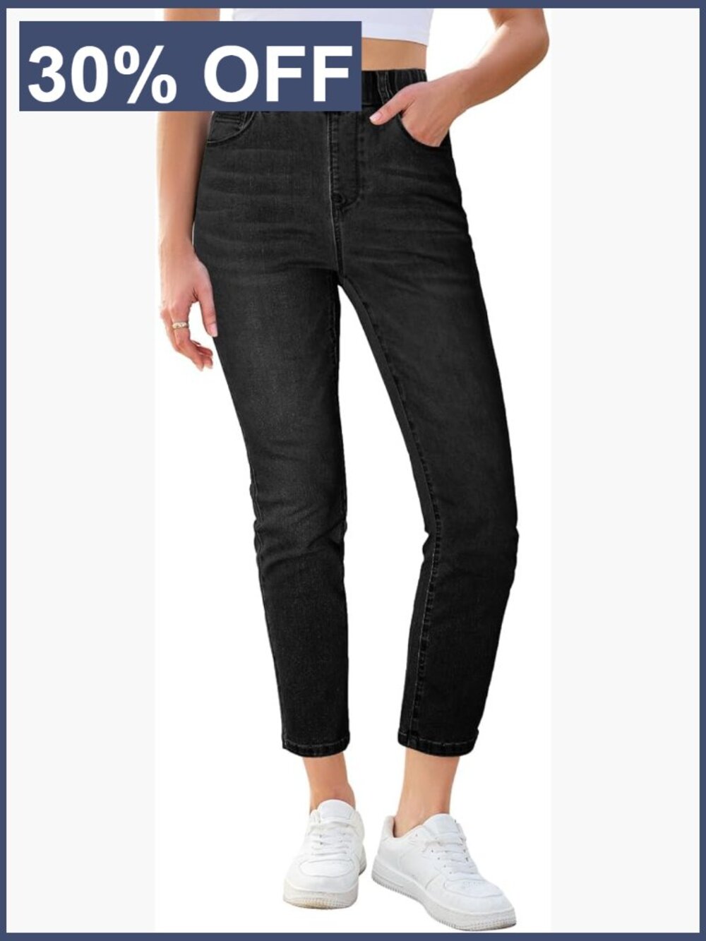 Slim Straight Leg Cropped Jeans High Waisted Pull On Elastic Waist Stretchy